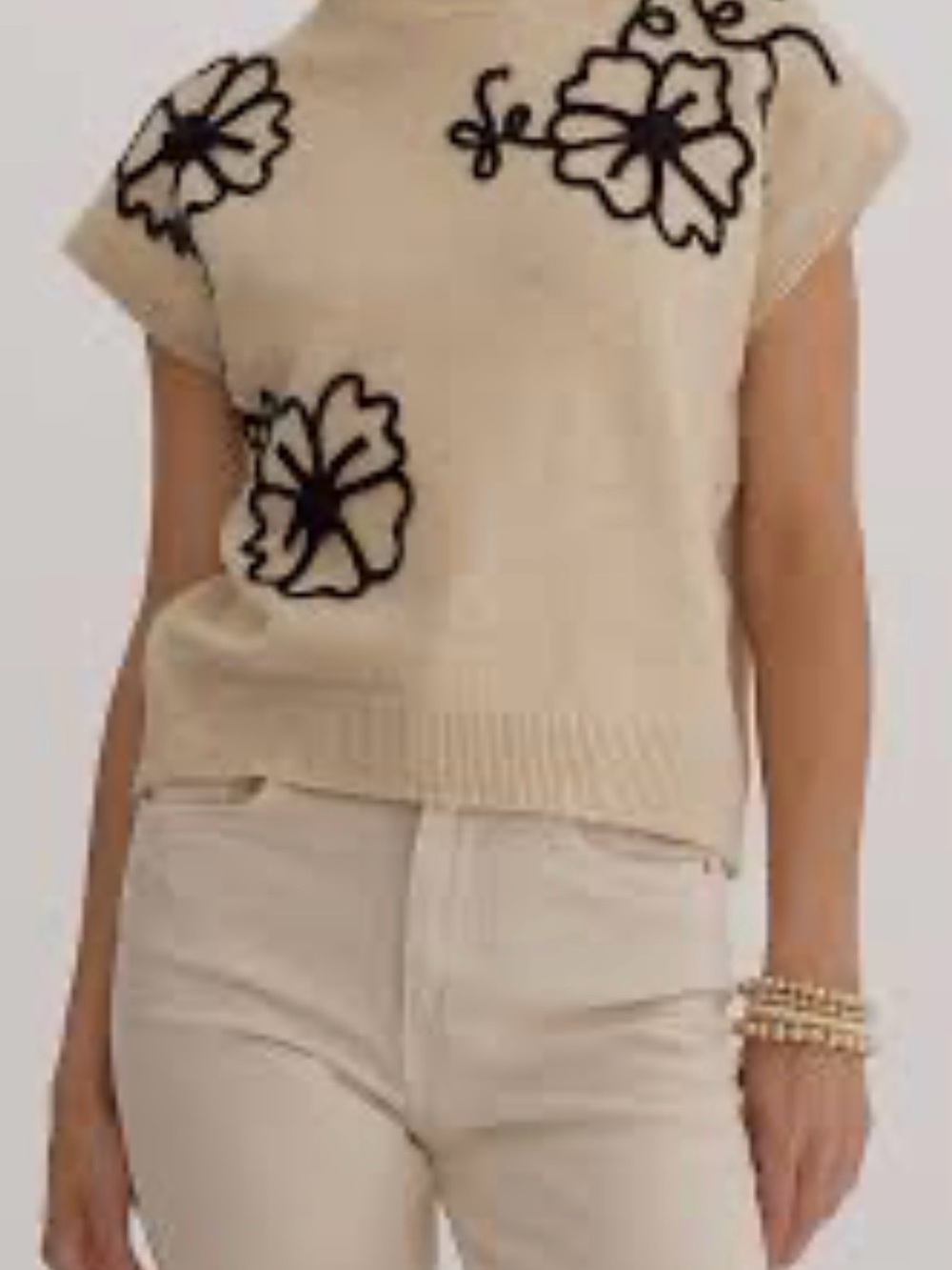 Cozy Floral Stitching Mock Neck Knit Sweater Vest Top - Cream / L (NWOT)